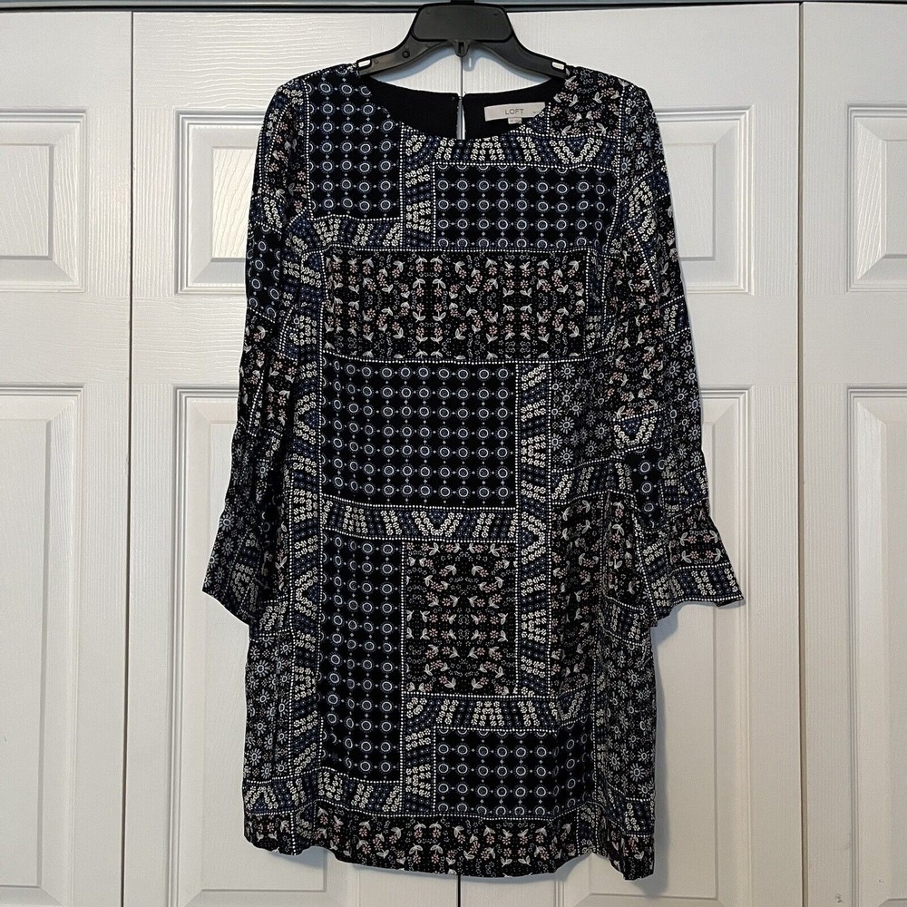 LOFT Ann Taylor Women Boho Black Multi Casual  Shift Dress 8 Petites